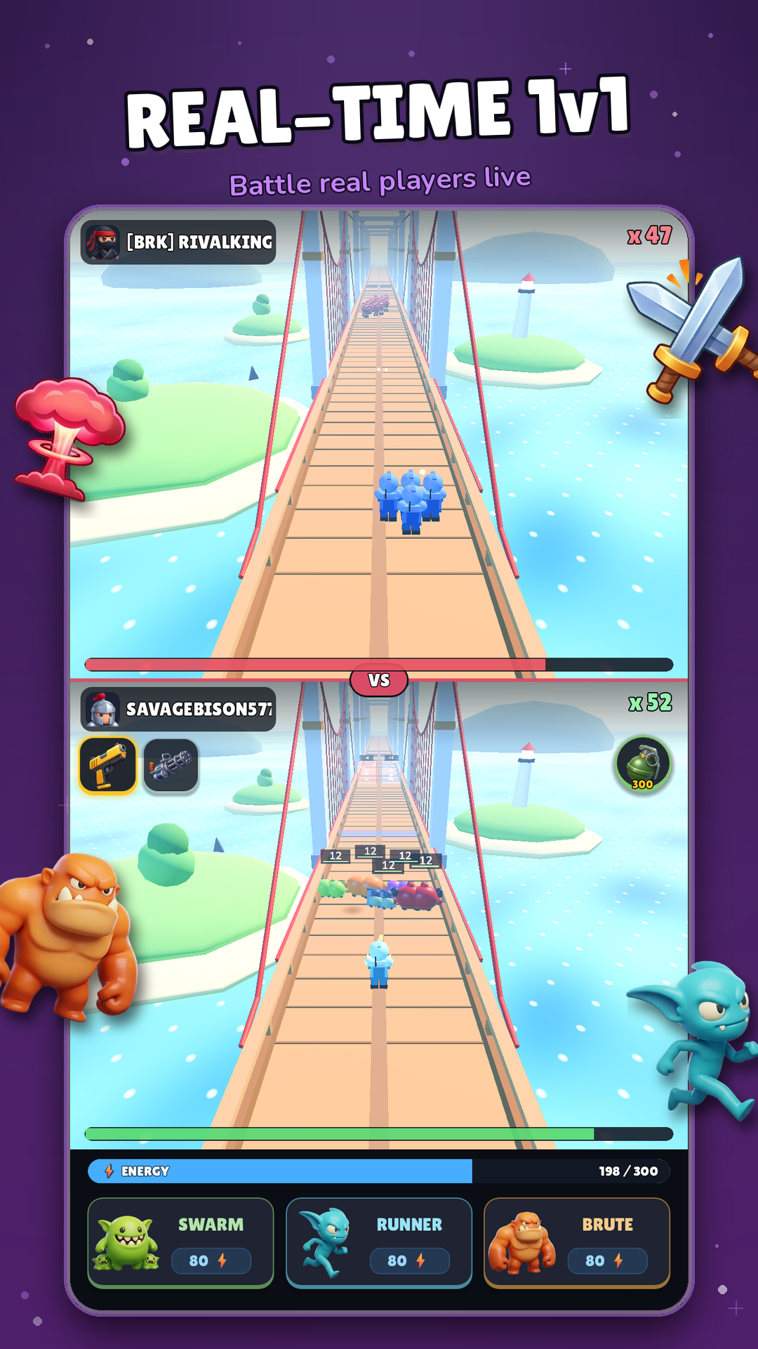 Real-time 1v1 split-screen battle